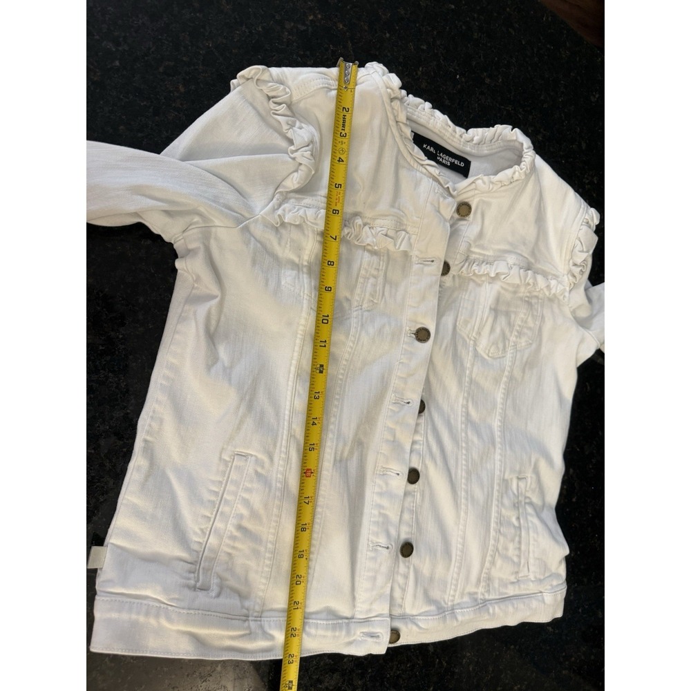 KARL LAGERFELD PARIS Ruffled Denim Jacket White Women's Medium Stretch - Picture 12 of 15